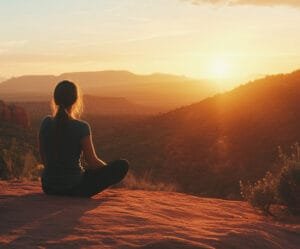 Woman relaxing overlooking desert sunrise.