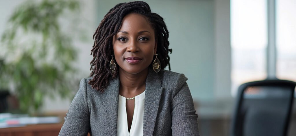 Confident woman sitting calmly in office, representing self-learning and internal locus of control
