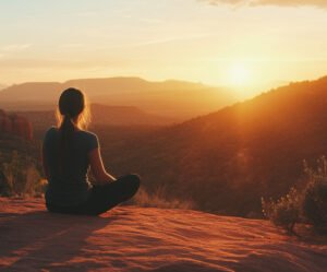 Woman sitting in stillness at sunrise, symbolizing inner calm, self-awareness, and personal growth