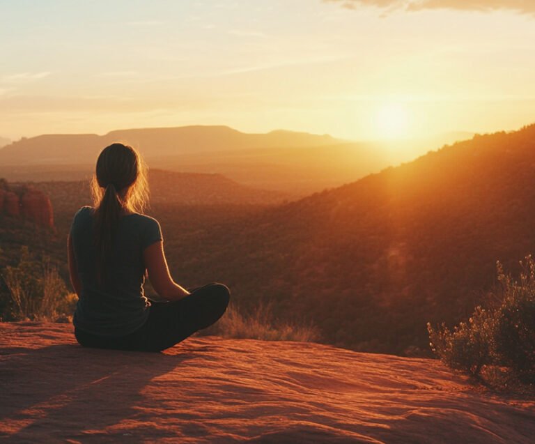 Woman sitting in stillness at sunrise, symbolizing inner calm, self-awareness, and personal growth