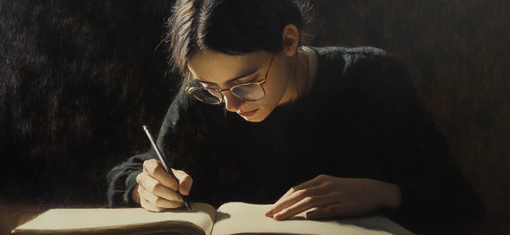 Young woman journaling with focus, symbolizing self-learning and reflection on personal values