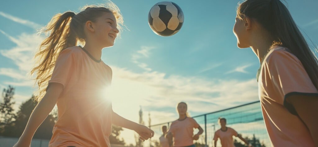 Girls playing soccer at sunset, symbolizing teamwork, self-direction, and joyful action in pursuit of personal goals