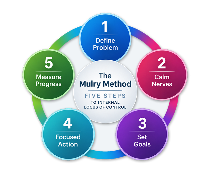 Mulry Method Five Steps to Internal Locus of Control: Define Problem, Calm Nerves, Set Goals, Focused Action, and Measure Progress