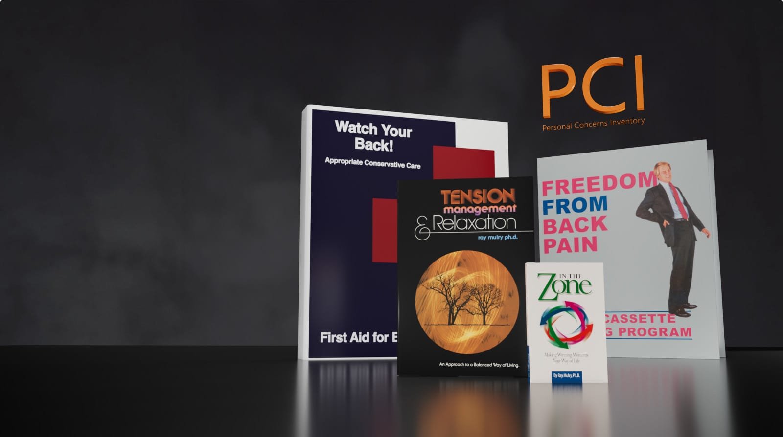 3D display of Dr. Mulry’s Backcare Programs including Watch Your Back, Freedom From Back Pain, Relaxation Therapy, In The Zone E-Book, and Personal Concerns Inventory logo on dark background.