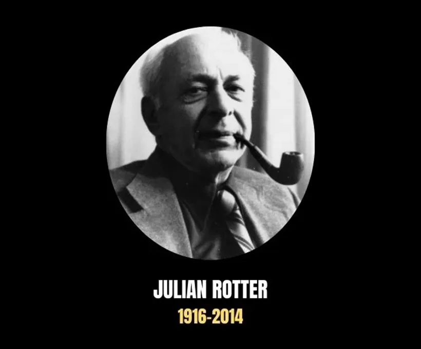 Portrait of psychologist Julian Rotter (1916–2014), originator of Social Learning Theory, on a black background