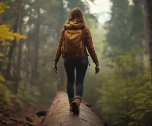 Woman hiking in the forest, walking on a fallen tree, symbolizing personal growth, resilience, and journey toward peak performance.