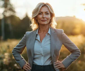 Confident middle-aged woman standing in a field with hands on hips, representing quiet confidence and internal strength.