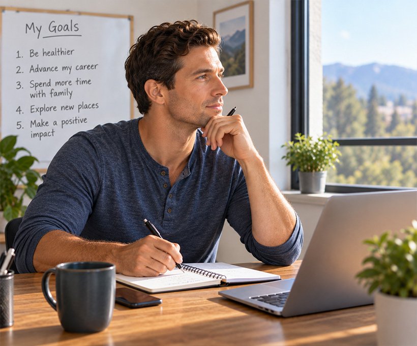 Man setting goals and planning actions to make meaningful progress