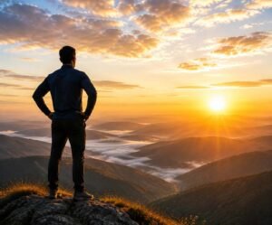 Person standing on a mountain ridge at sunrise representing living In The Zone through the Mulry Method