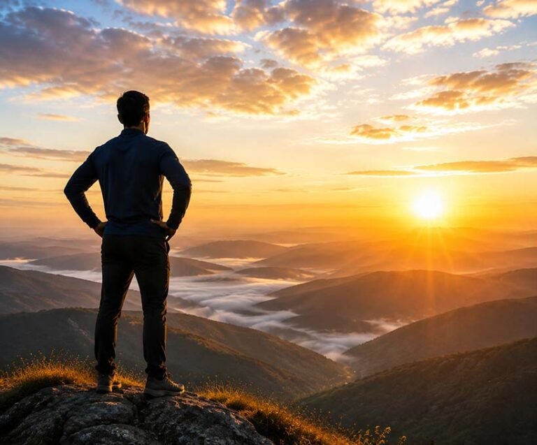 Person standing on a mountain ridge at sunrise representing living In The Zone through the Mulry Method