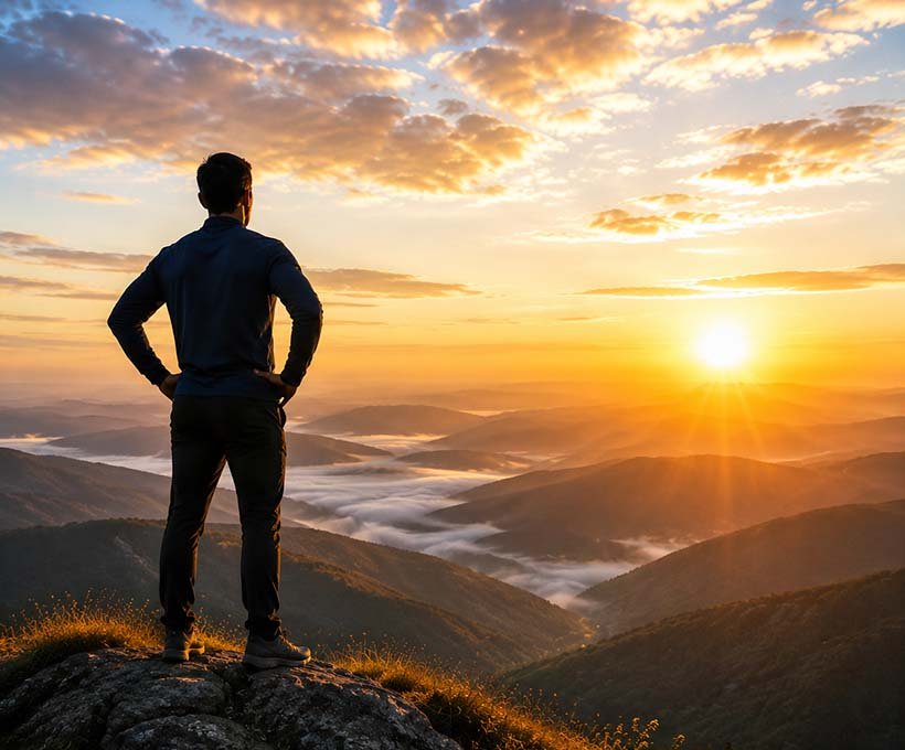 Person standing on a mountain ridge at sunrise representing living In The Zone through the Mulry Method
