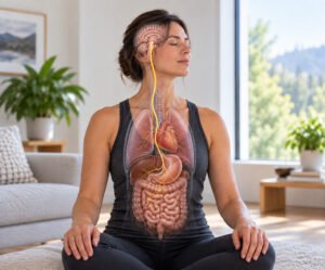 Vagus nerve pathway connecting the brain, heart, lungs, and digestive system