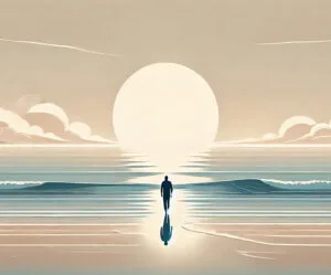 Man standing on the shore at sunset, symbolizing reflection, recovery, and a calm path forward.