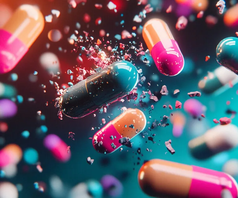 Scattered pills representing the risks of overmedication and the need for natural pain relief.