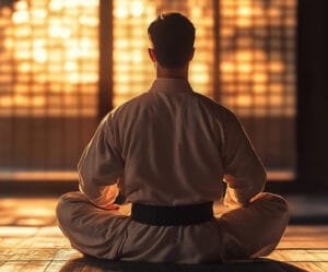 martial artist sitting while doing breathing techniques