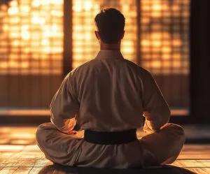 martial artist sitting while doing breathing techniques