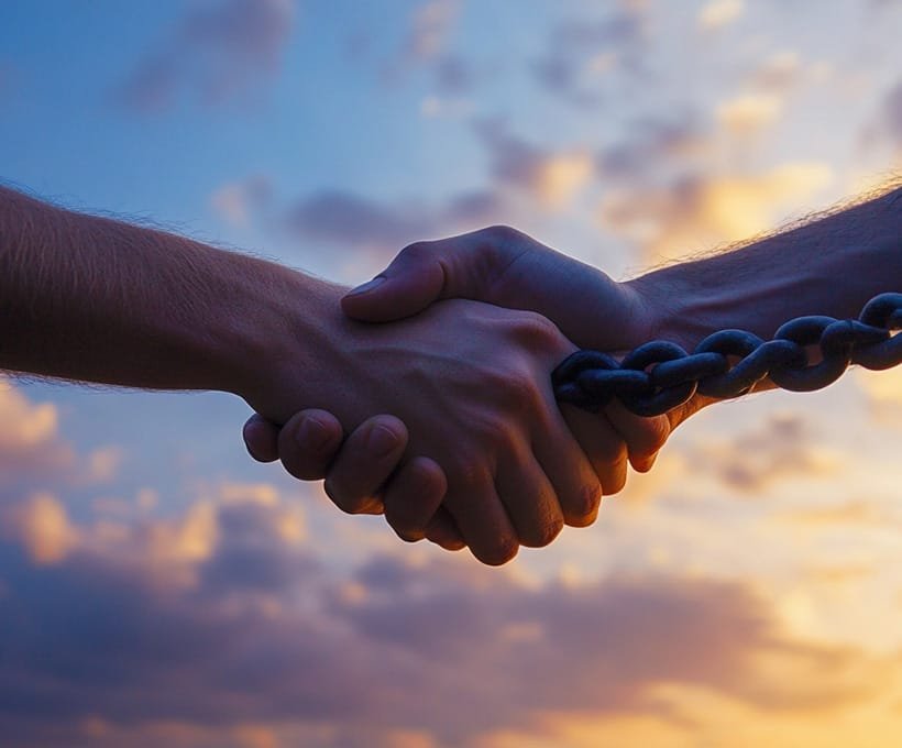 handshake with a chain representing mistrust.