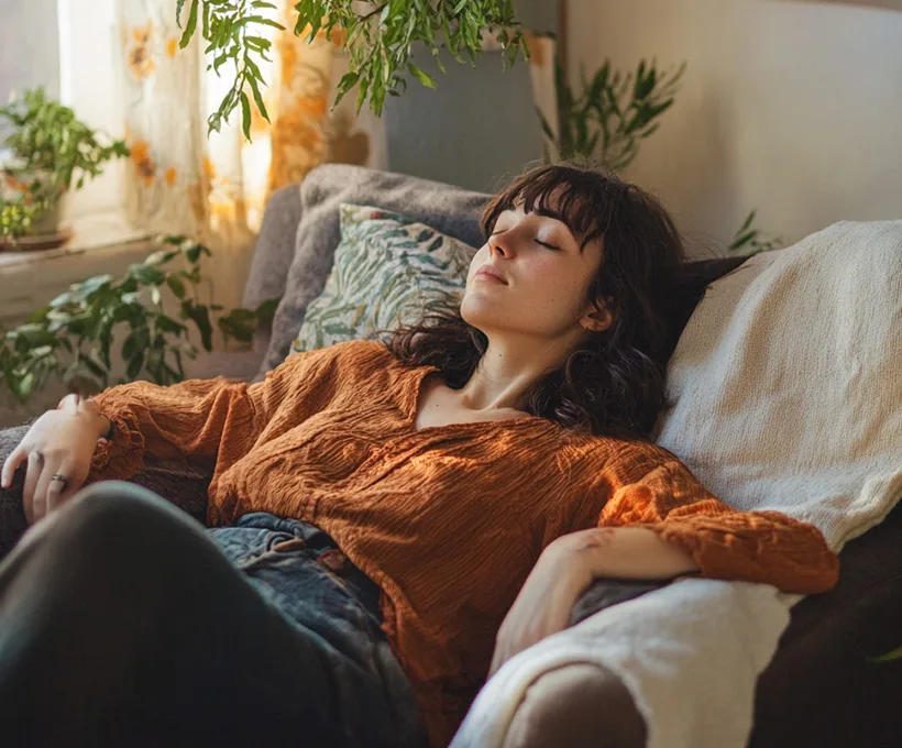 Woman relaxing in a chair during the day, illustrating the power nap benefits of improved rest, energy, and mental clarity.