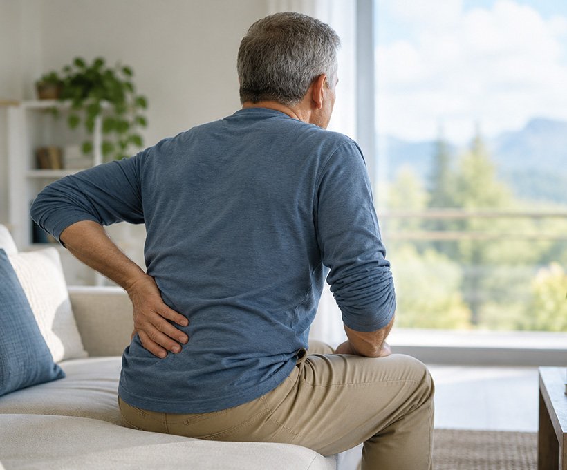 Man managing lower back pain at home