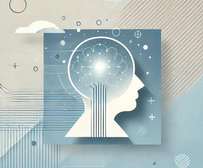 Abstract illustration of a human head with a glowing brain, symbolizing insight, the Personal Concerns Inventory self-assessment, and taking focused action for personal growth.