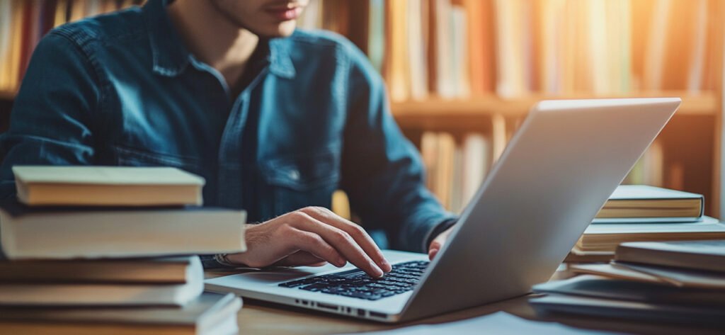 Person using a laptop in a library, symbolizing self-directed learning and exploring available training resources from home.