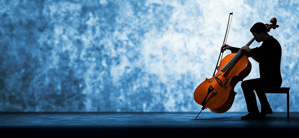Musician playing cello on stage, symbolizing the disciplined practice and focus required to develop performance habits in In The Zone Skills Training.