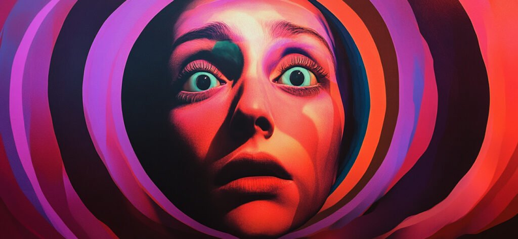 Surreal artwork of a wide-eyed face surrounded by colorful rings, symbolizing intense emotions overtaking rational thought in the context of Polyvagal Theory.