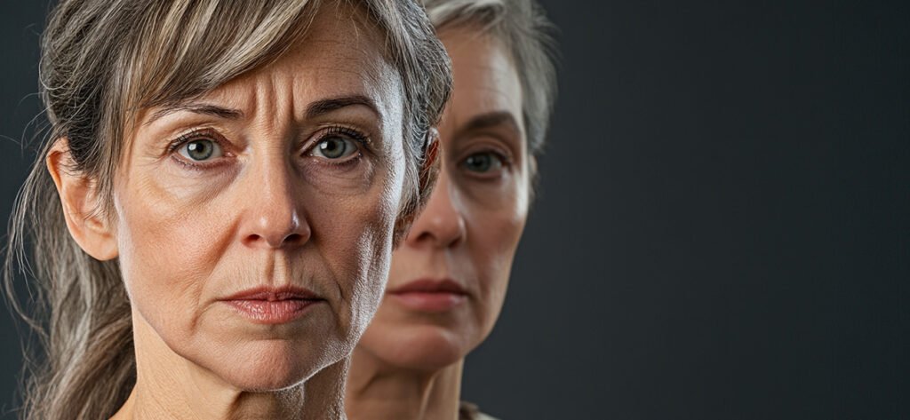 Two serious women standing together, symbolizing self-reflection, accountability, and the importance of observing progress in a personal growth plan.