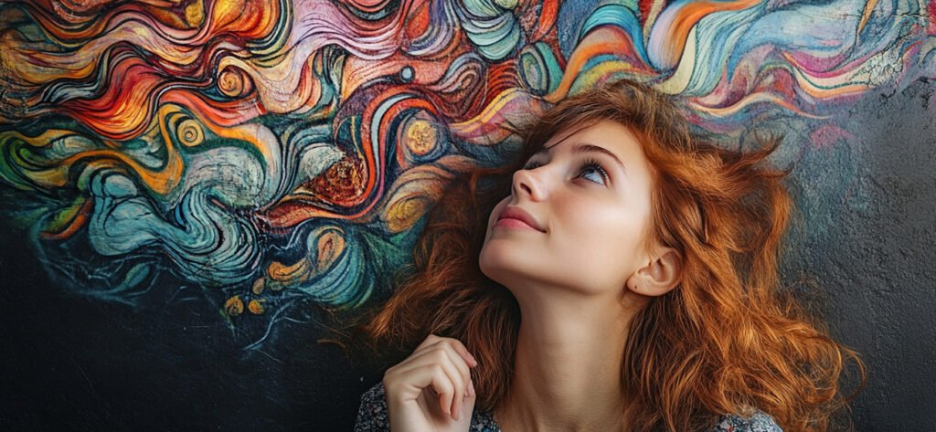 Woman looking upward at colorful swirling patterns, symbolizing curiosity, openness to change, and creative thinking in the Free and Open Examination of Ideas.