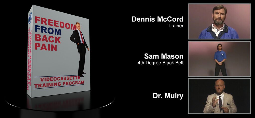 3D render of the Freedom From Back Pain videocassette training program with trainers Dennis McCord, Sam Mason, and Dr. Ray Mulry, part of the Mulry Method’s back care series.