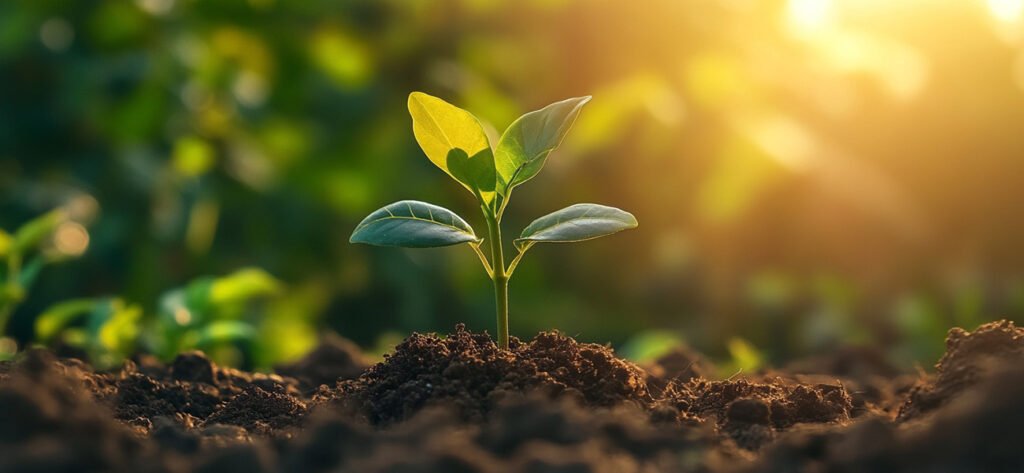Young plant growing in sunlight, symbolizing awareness, planning, and observation as part of a continuous self-improvement feedback loop.