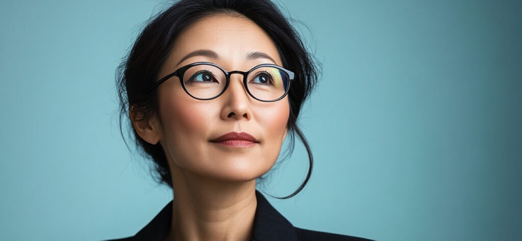 Confident woman looking upward, representing optimism, motivation, and belief in positive outcomes when applying self-care and growth strategies.