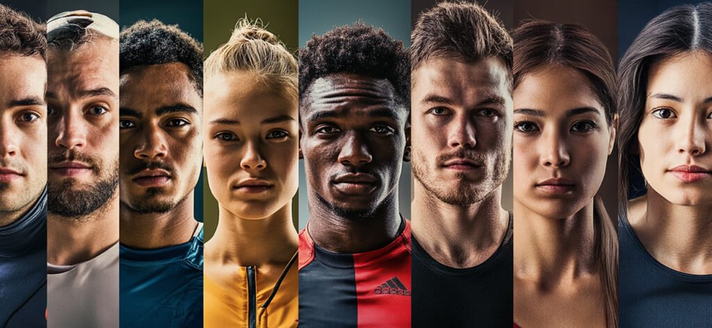 Close-up portraits of diverse athletes, representing the four core competencies taught in In The Zone Skills Training for performance and self-care.