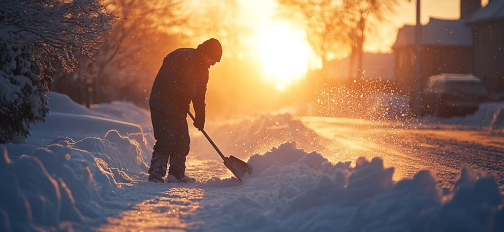 Person shoveling snow at sunrise, symbolizing applying In The Zone Skills Training to everyday tasks through focus, strength, and efficient movement.
