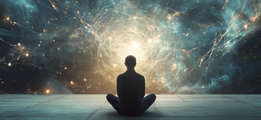 Person meditating in front of a swirling cosmic light, symbolizing the deep connection between mind and body explained through Polyvagal Theory.