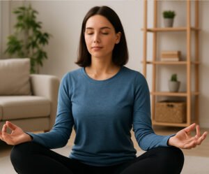 Woman practicing meditation at home, symbolizing focus, relaxation, and self-care in the Mulry Method’s 10-step personal growth plan.