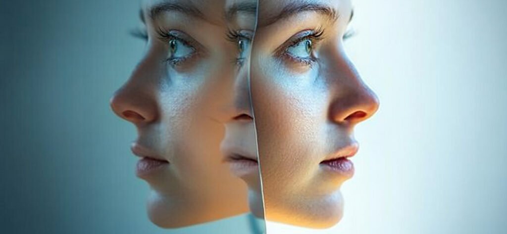 Woman’s face reflected in mirrors, symbolizing the self-reflection and confidential insight gained through the Personal Concerns Inventory (PCI).