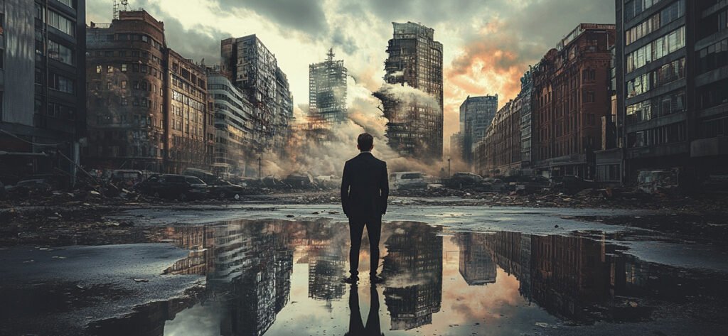 Man standing in a ruined cityscape, symbolizing the challenge of maintaining rational thinking in an unpredictable and chaotic world.