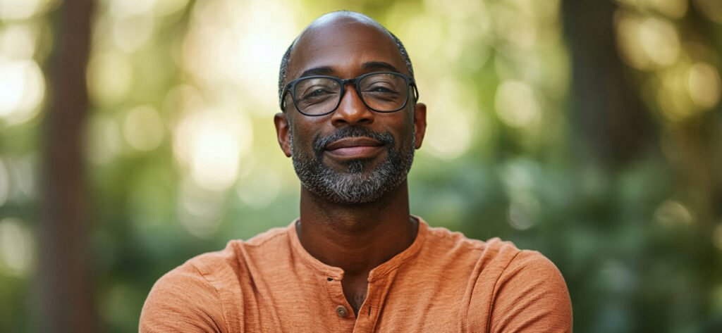 Confident man smiling outdoors, symbolizing inner calm and reduced tension as a result of effective stress management and self-care practices.