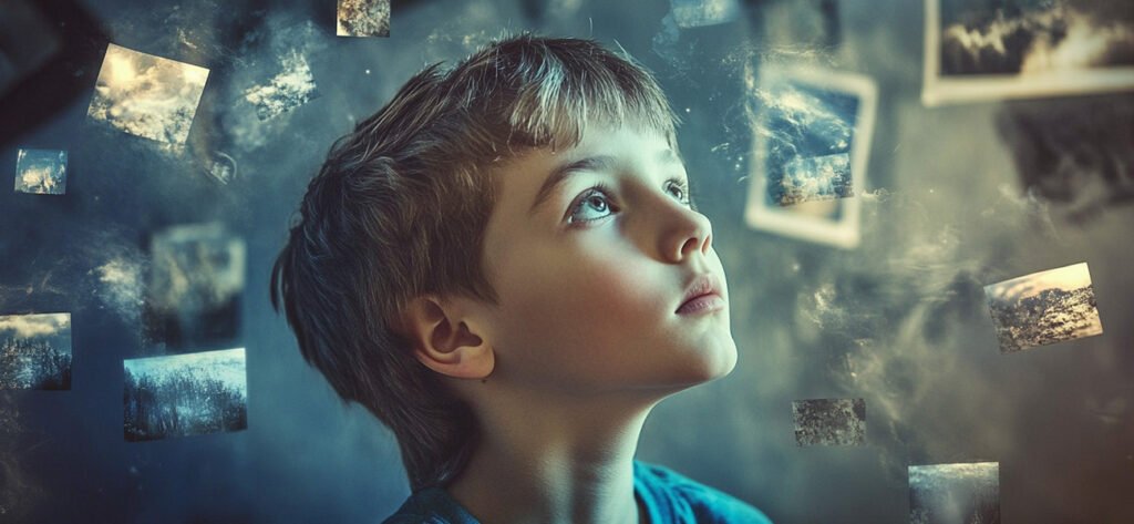 oung boy looking upward among floating images, symbolizing curiosity and the quest to understand emotions through Polyvagal Theory insights.