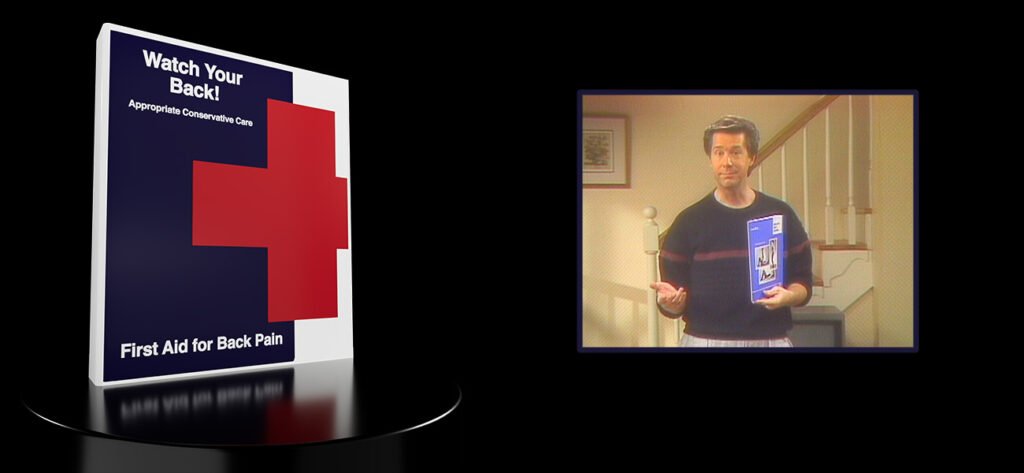 3D render of the Watch Your Back training program case alongside a video still of the host, part of the Mulry Method’s back injury prevention and management series.
