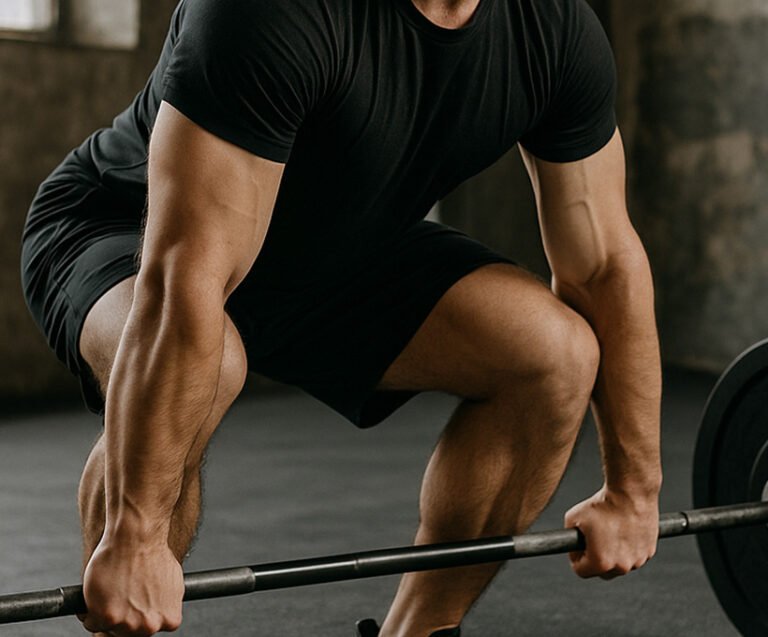 Man performing deadlift with proper form, demonstrating Position of Strength with straight back, bent knees, and controlled breathing in a gym setting.