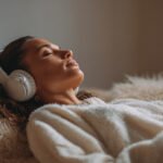 Woman practicing Relaxation Therapy while resting with headphones in a comfortable, quiet setting.