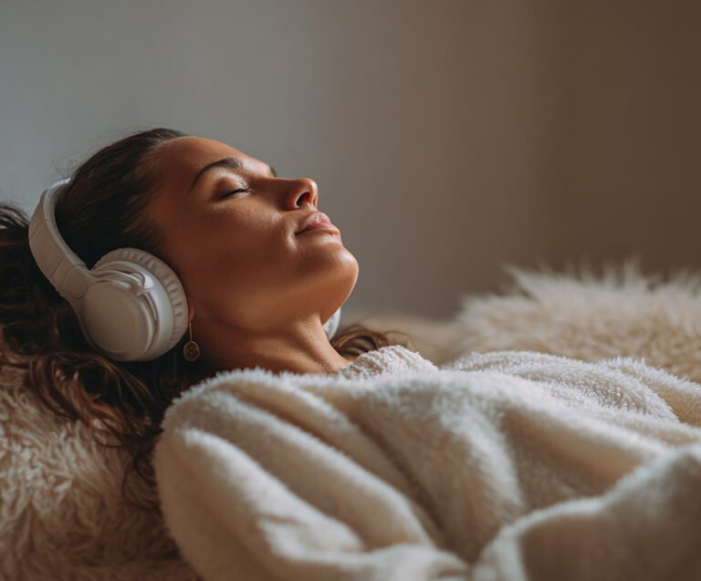 Woman practicing Relaxation Therapy while resting with headphones in a comfortable, quiet setting.