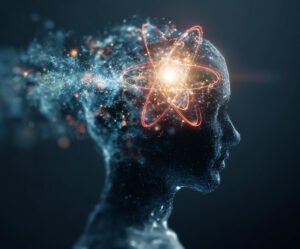 Digital illustration of a human head silhouette made of glowing particles, with a bright atomic symbol inside the brain area, representing science, learning, and cognitive processes.