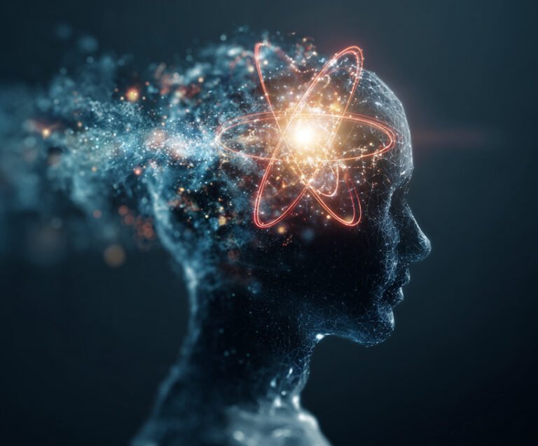 Digital illustration of a human head silhouette made of glowing particles, with a bright atomic symbol inside the brain area, representing science, learning, and cognitive processes.