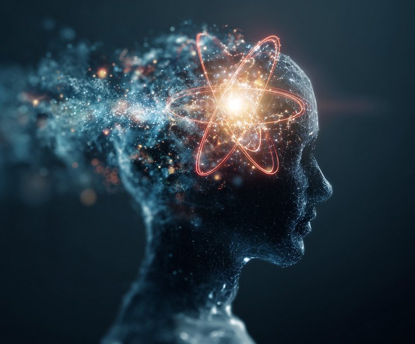 Digital illustration of a human head silhouette made of glowing particles, with a bright atomic symbol inside the brain area, representing science, learning, and cognitive processes.