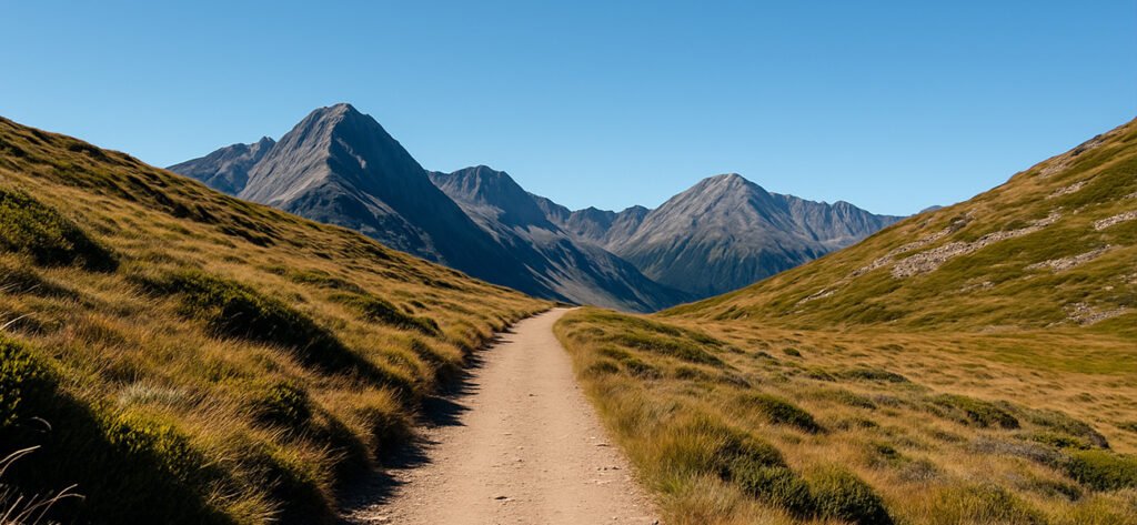 A mountain trail leading into the distance under clear blue skies, symbolizing personal growth and self-directed learning.