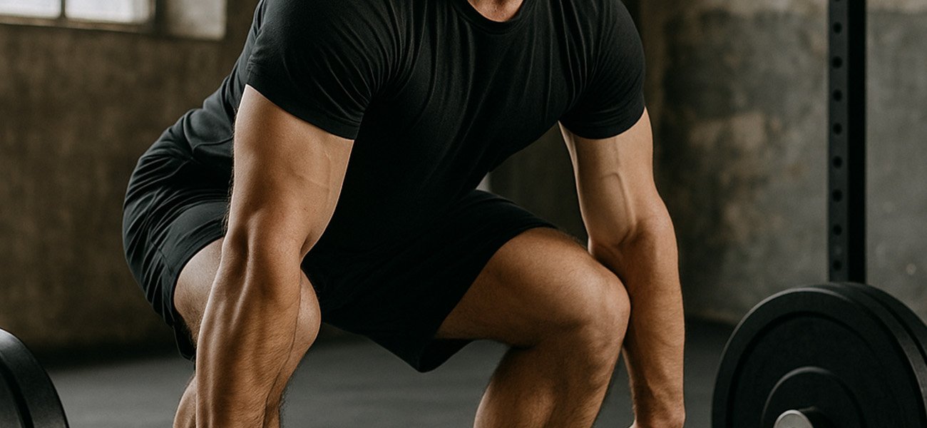 Man performing deadlift with proper form, demonstrating Position of Strength with straight back, bent knees, and controlled breathing in a gym setting.