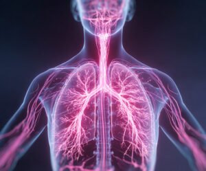 Digital illustration of the vagus nerve and respiratory system showing nerve pathways through the chest and lungs.